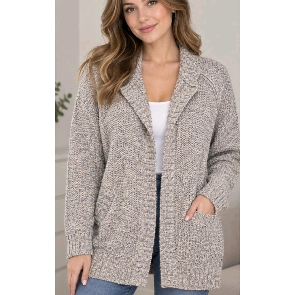 prAna Sukie Chunky Knit Cardigan Sweater Womens Size XL Grey Multi Snap Front